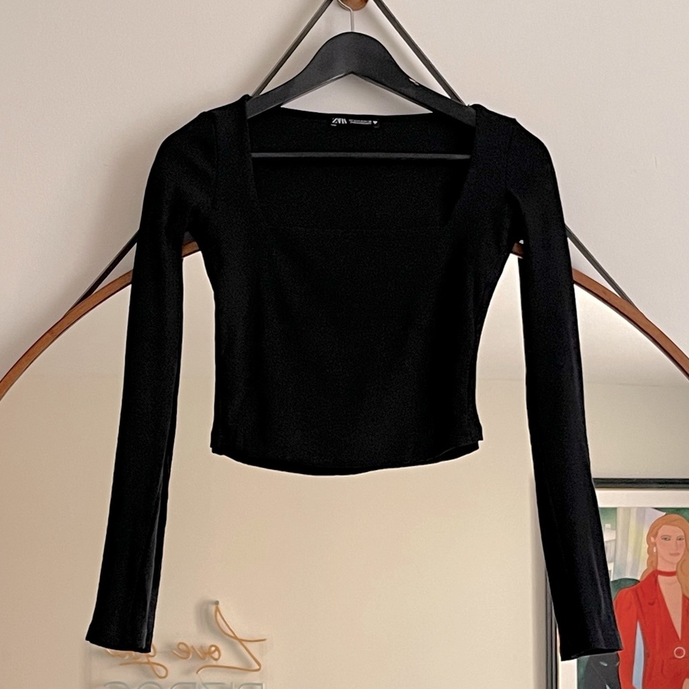 Zara Black Ribbed Cotton Long Sleeve Square Neckline Cropped Top